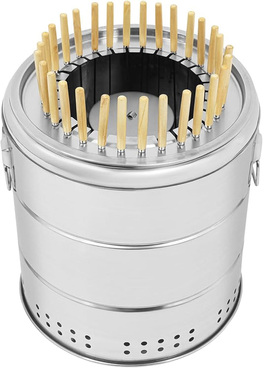 Portable Smokeless Charcoal Barrel Grill with 30 Skewers, Stainless Steel Kebab Grill with BBQ Grate & Mesh, 360° Rotating Outdoor Barbecue Grill for Party Picnics Camping