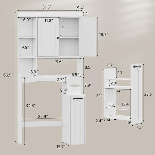 Einhomn Over The Toilet Storage Cabinet with Pulley, Space Saver Bathroom Organizer with Arched Doors & Open Shelves, Toilet Paper Holder Stand Toilet Rack for Bathroom, Restroom, Laundry, White
