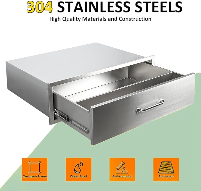 GarveeTech Outdoor Kitchen Drawers, 30x10 in Stainless Steel BBQ Drawer, Flush Mount Built-in Drawer for Outdoor Kitchen Island & BBQ Islands, Silent, Fully Assembled, 30 in W x 23 in D x 10 in H