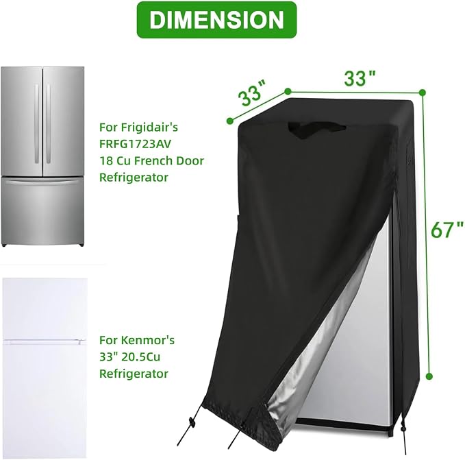 33W Large Refrigerator Cover for Most 18-20 Cu Ft Outdoor Upright Fridge | 33x33x67,Waterproof Dustproof Heavy Duty Oxford Fabric,for Large 18-20 Cubic Feet French Door Fridge/ Full Size Freezer