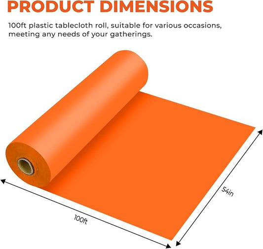 54 Inch X 100 Feet Plastic Table Cover Roll Premium Disposable Plastic Tablecloth for All Type/Shape Tables | Picnic, Party, Banquet, Birthdays, Weddings (Orange, 54 Inch X 100 Feet)