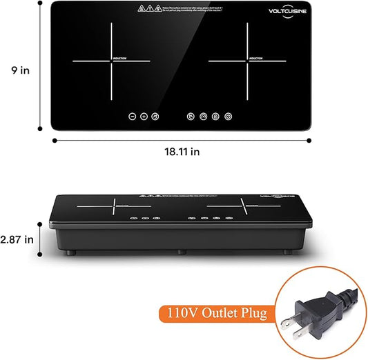 1800W Double Induction Burner, Minimal Cross-Pattern Panel, 2×900W Cooking Zones, Touch Control, 8 Power Levels, 1–99 min Timer, Durable Ceramic Glass for Magnetic Pots