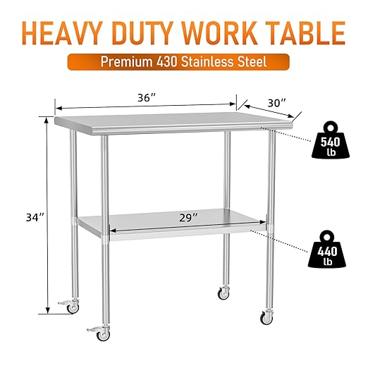 Stainless Steel Table with Wheels 30" x 36" Utility Worktable with Adjustable Undershelf for Commercial Kitchen, Garage, Restaurant