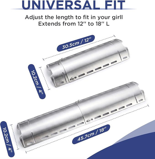 Universal Adjustable Grill Heat Plates, Heat Tents, Flame Tamer Burner Covers, Heavy Duty Heat Plate Shield, Stainless Steel Grill Replacement Parts, Extends from 12" up to 18" L, 4 Pack