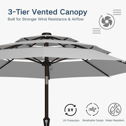 10FT Patio Umbrella 3 Tiers Outdoor Market Umbrella w/Push Button Tilt, Crank, UV and Waterproof Table Umbrella for Garden, Pool, Backyard, Deck, Lawn, Light Gray