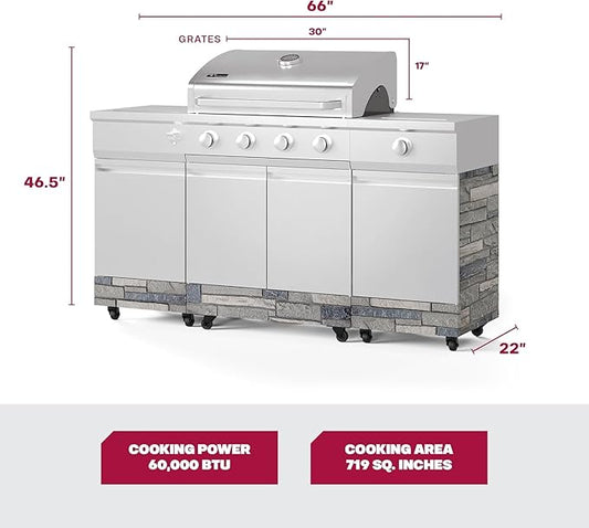 Tytus Fresno 5-Burner Propane or Natural Gas Island Grill – 864 sq. in. Cooking, 48,000 BTU Main + 12,000 BTU Side Burner, Porcelain Grates, Storage Cabinets, Semi-Portable - SS/Shadow Starter Kit