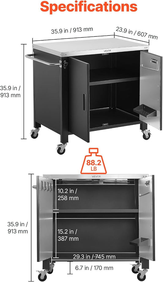 VEVOR Outdoor Grill Cart with Storage Cabinet, 40 Inch Grill Table, Waterproof Kitchen Island with Stainless Steel Top, Spice Rack, and Wheels, Movable Food Prep Station for Patio Bar Backyard BBQ