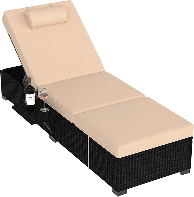 PeakPursuit Patio Lounge Chairs,Outdoor PE Wicker Chaise Lounge Set of 2,Chaise Lounge Chair Outdoor,Pool Furniture,Brown Rattan Recliners with Adjustable Backrest,Storage Table,Beige