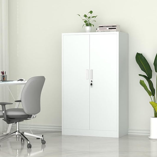 iJINGUR Metal Storage Cabinet with Locking Doors and Adjustable Shelves, 53.5-Inch Tall Lockable Storage Cabinets for Home Office Garage Kitchen Pantry (White)