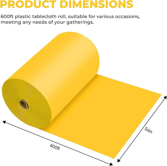 54 Inch X 600 Feet Plastic Table Cover Roll Premium Disposable Plastic Tablecloth for All Type/Shape Tables | Picnic, Party, Banquet, Birthdays, Weddings (Yellow, 54 Inch X 600 Feet)