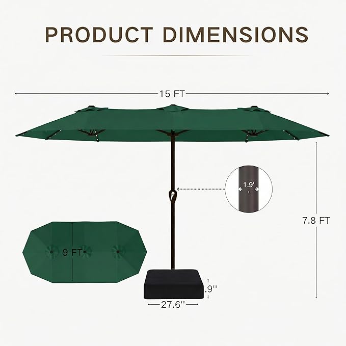 Kingdura 15ft Large Patio Umbrella with Solar Lights, Double-Sided Rectangle Outdoor Table Umbrella with Base Included, 12 Reinforced Ribs, 48 Led Lights, Crank Lift for Market Pool Deck, Dark green