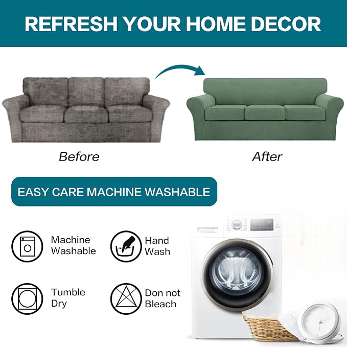 Turquoize 4 Piece Sofa Covers for 3 Cushion Couch Sofa Slipcover Soft Couch Cover for Dogs-Washable Sofa Furniture Covers with 3 Individual Cushion Covers Jacquard Fabric (3 Cushion Sofa, Loden Frost)