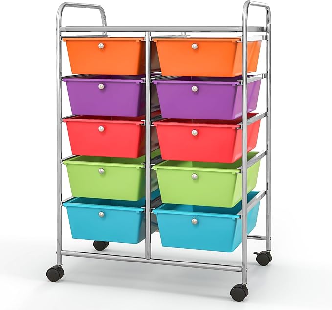HOMGX Rolling Cart with 10 Drawers, 10 Tiers Multicolor Trolley, Drawer Bin Carts with 2 Lockable Wheels, Adjustable File & Debris Organizer Cart, Rolling Storage Cart for Office, School, Home