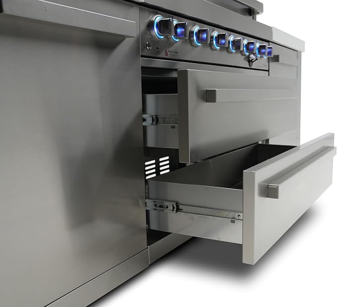 Mont Alpi 94"W x 113"D x 46"H Premium Stainless Steel L-shaped Outdoor Kitchen Island with Beverage Center Refrigerator Faucet & Sink Combo + 44"W 6-Burner BBQ Grill + Granite Countertops + Storage