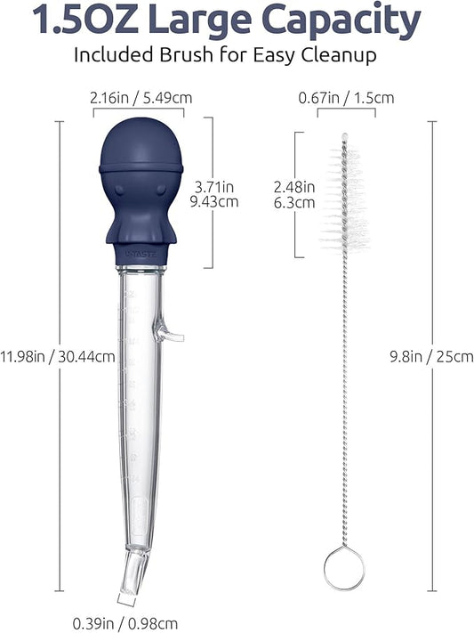 U-Taste 1.5oz Angled Turkey Baster - 228.2ยบF Heat Resistant Food Grade Tritan and Silicone Large Octopus Bulb Baster Set with Cleaning Brush for Cooking Basting Meat Poultry Chicken (Midnight Blue)