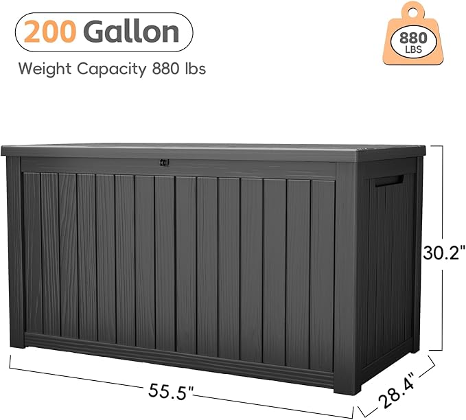200 Gallon Outdoor Deck Box - Lockable Waterproof Storage Container, Resin Weatherproof Box for Patio Garden Furniture Pool Tools Cushions, Black