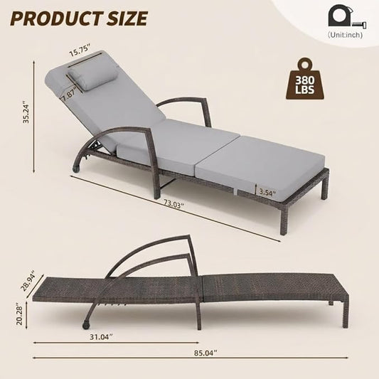 Garvee Outdoor Chaise Lounge Set of 2, 5-Position Adjustable PE Wicker Reclining Chairs with Wheels & 3.5" Cushions, 400 lbs Capacity All-Weather Patio Furniture for Poolside, Garden, Beach(Gray)
