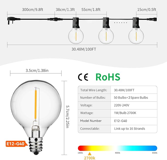 100ft Outdoor String Lights Waterproof Patio Lights,Shatterproof Led Outside Globes UL Listed Exterior, Indoor Lighting Backyard Bistro Party