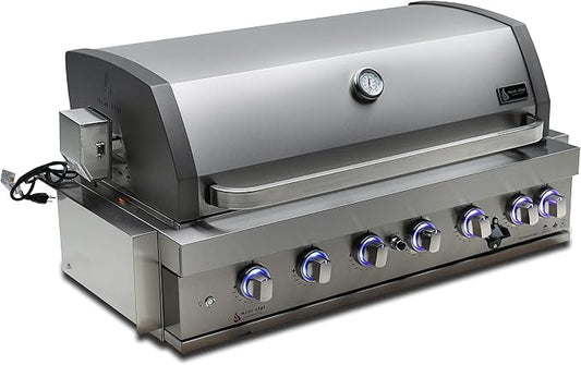 Mont Alpi Premium 44"W x 23"D x 21"H Stainless Steel 6-Burner 87000 BTUs Outdoor Kitchen Kitchen Island Heavy Duty Propane Built-in BBQ Grill Head with Infrared Rear Burner + Rotisserie Kit + Cover