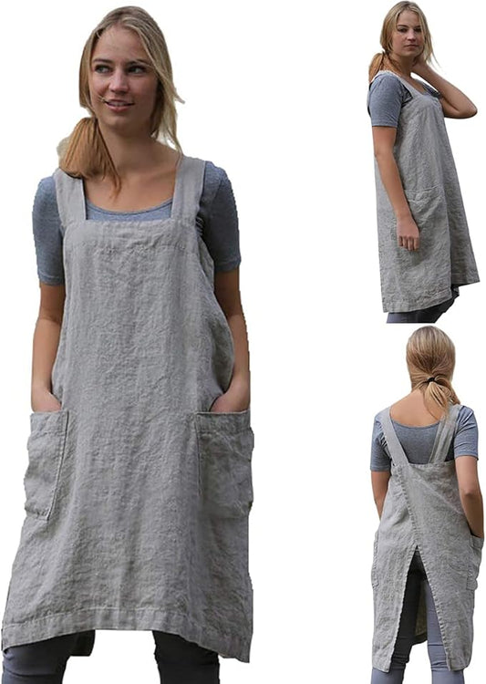 TBA Cotton Linen Apron Cross Back Apron for Women with Big Pockets Square Pinafore Dress for Baking Cooking BBQ & Grill