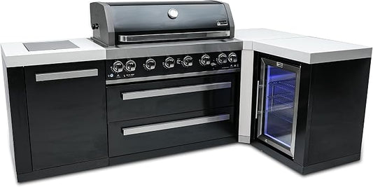 Mont Alpi 94"W x 50"D Black Stainless Steel L-shaped Modular Outdoor Kitchen Island + Infrared Side Burner + Refrigerator + 44"W 6-Burner BBQ Grill + Granite Countertops + Storage Cabinets & Drawers
