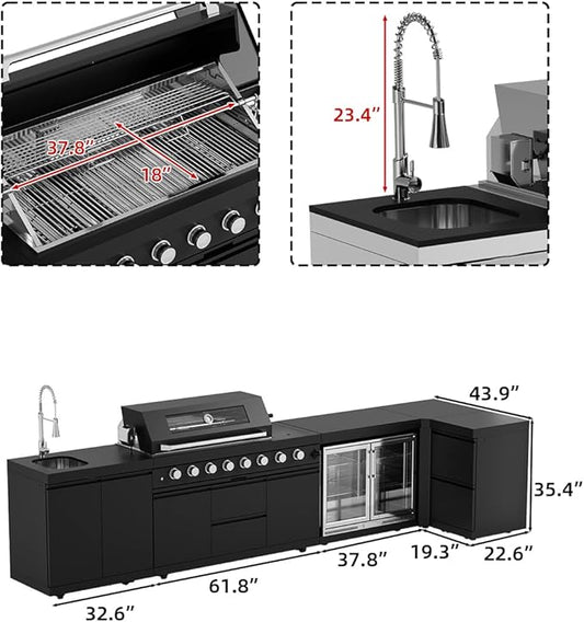 BBQ Outdoor Kitchen Island Grill Barbecue Modular Patio Kitchens Kits with Electric Rotisserie, Sink, fridge, and Burner for More than 15 People