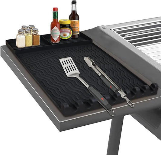 Full-Size Silicone Griddle Mat for Flat Top Grills, Heat Resistant Spatula Holder with Grease Drip Pan, Outdoor Cooking Counter Protector, Black