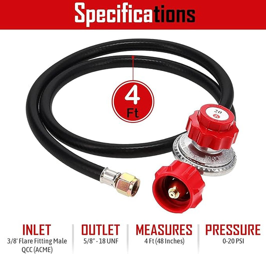 GasOne 2109-RED 4 ft High Pressure 0-20 PSI Adjustable Regulator with Red QCC-1 Type Hose-Works with Newer U.S. Propane Tanks