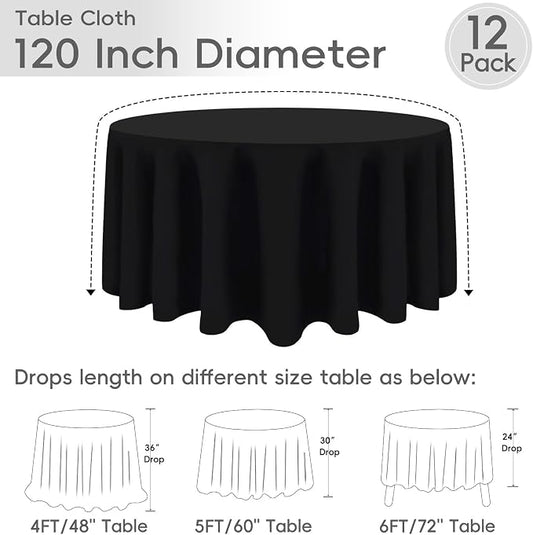 12 Pack Black Round Tablecloths 120 Inch | For 4Ft-7Ft Round Table, Wrinkle Resistant Table Cloth, Washable Polyester Fabric, For Wedding Party Banquet Buffet Camping