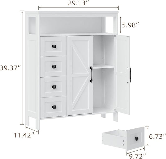 Vabches Farmhouse Storage Cabinet with 2 Doors and 4 Drawers, Freestanding Bathroom Compartment Kitchen Pantry Cabinet, Floor Cupboard for Kitchen/Living Room/Bathroom,White