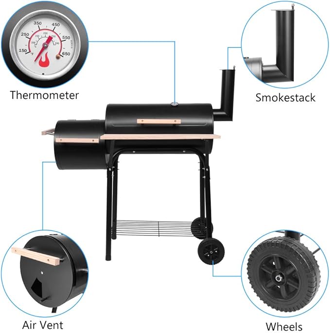 Black 44 Inch Charcoal Grill, BBQ Grill Oven, Heavy-Duty Drum Bbq With Side Box, Portable Outdoor Barbecue Cooker On Wheels for Backyard, Camping, Tailgating Party, Backyard Barbecue