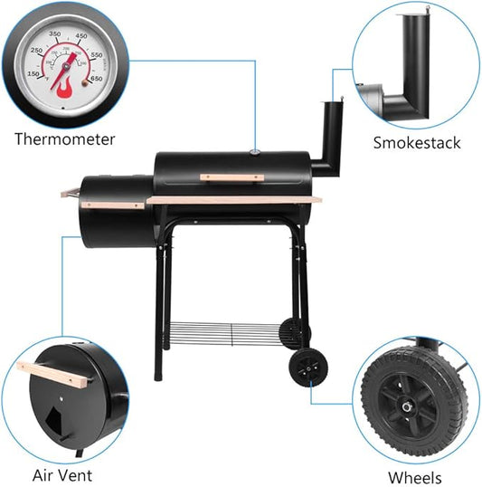 Charcoal Grill Offset Smoker with Offset Smoker, Wheels and Tray, Perfect for Backyard Cooking, Outdoor Camping