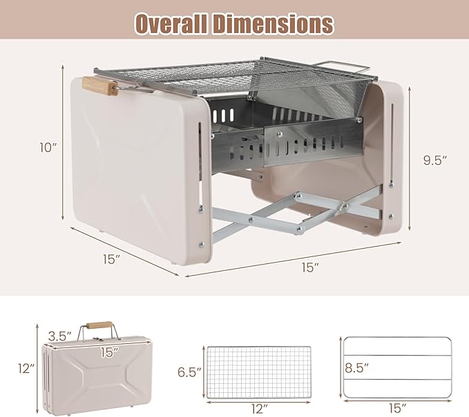 Giantex Portable Charcoal Grill - 15" Small Barbecue Grill, Folding BBQ Grill with Removable Grill Grids & Charcoal Box, Lightweight Camping Grill for Yakitori Beach Tailgating Backpacking Cooking
