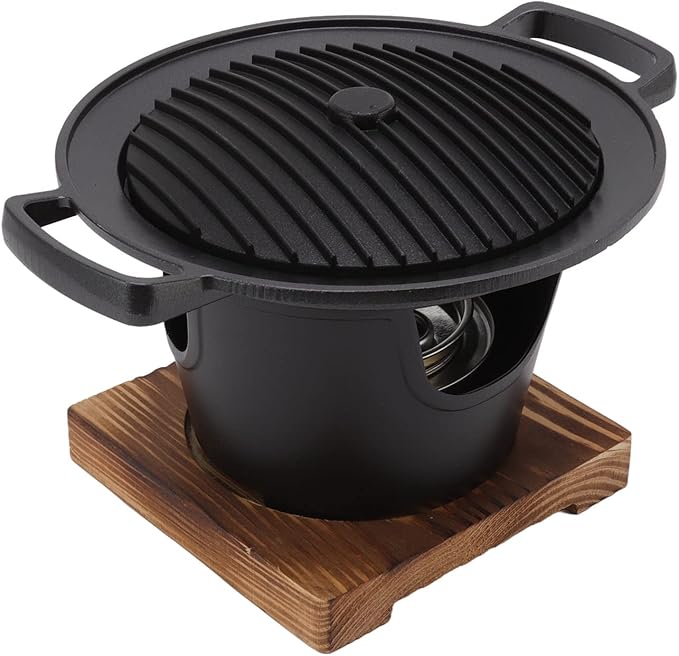 Hibachi Grill Smokeless Wooden Frame Aluminium Alloy Portable Charcoal Grill for Camping Home Barbecue