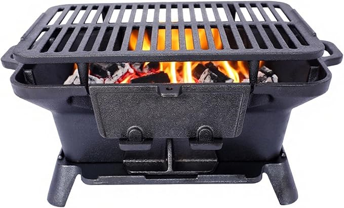 Cast Iron HibachiGrill Outdoor, Portable Cast Iron Charcoal Grill with Adjustable Air Vents - Compact for Outdoor Camping, Backyard BBQ, Picnics & Tailgating (Rectangle)