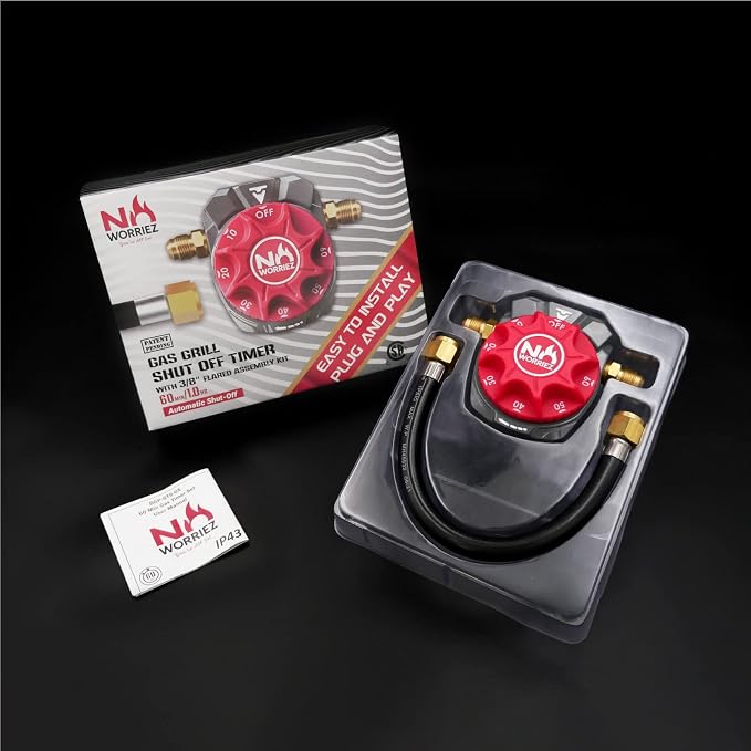 NO WORRIEZ Safety Auto Shut-Off Gas Timer for Propane & Natural Gas | Outdoor Grill, Fire Pit, Pizza Oven | – 100,000 BTU w/ 3/8" Flared Connector & Hose, Patent Pending