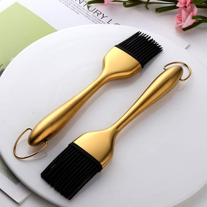 2 Pack Grill Basting Brush with 2 Pack Back Up Silicone Brush Heads, No Shed Bristles Stainless Steel Handles Heatproof Rust Resistant, Pastry Brushes for Kitchen Cooking BBQ (Gold)
