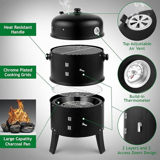 Portable Charcoal BBQ Grill 19" Vertical Charcoal Smoker Grill Outdoor Small Charcoal Grills with Meat Smoker Combo for Outdoor Backyard Cooking Grilling Camping
