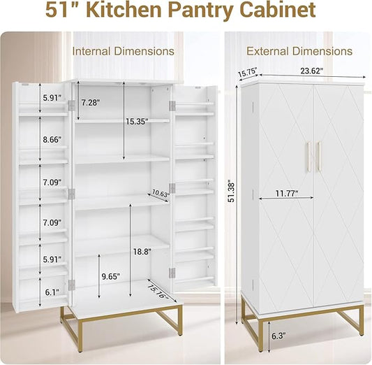 kepptory 51โ Kitchen Pantry Storage Cabinet, White Freestanding Pantry Cabinets with Doors and Adjustable Shelves, Buffet Cupboards Storage Cabinet for Home Office Use, Dinning Room(White + Gold)