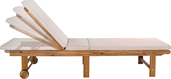JONATHAN Y Mallorca 23.62" x 77.17" Acacia Wood Chaise Lounge, Beige | 5-Position Reclining Back, Foldable Frame, Dual Rear Wheels, Included Cushion, Teak Brown Finish, Armless Slat, Coastal Style
