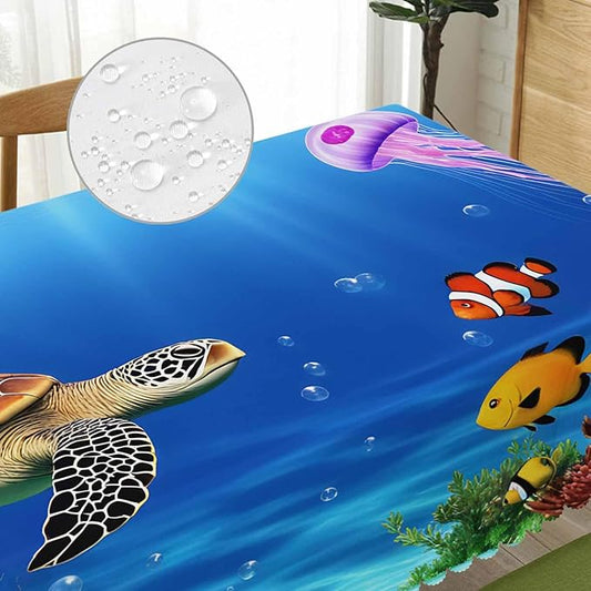 Sea Turtle Kitchen Tablecloth Ocean Underwater Jellyfish Shark Coral Reef Indoor Outdoor Table Cover Anti-Oil Table Cloths for Wedding Banquet Dinner Tablecloths, 52x70 Inch(4-6 Seats)