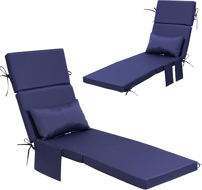 Crestlive Products Foldable Outdoor Chaise Lounge Cushions with Head Pillow and Side Pockets, Water Resistant & Fade Resistant Lounge Chair Cushion, 72''L x 21''W, Navy