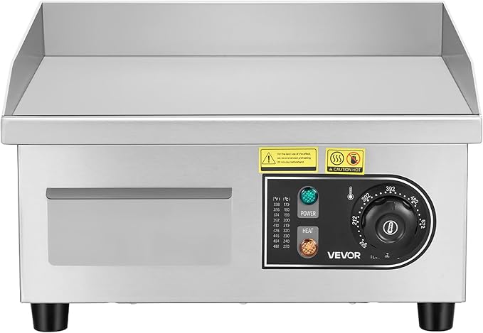 VEVOR 14" Commercial Electric Griddle,110V 1500W Electric Countertop Griddle Non-Stick Restaurant Teppanyaki flat top Grill Stainless Steel 122°F-572°F Adjustable Temperature Control(No Plug)