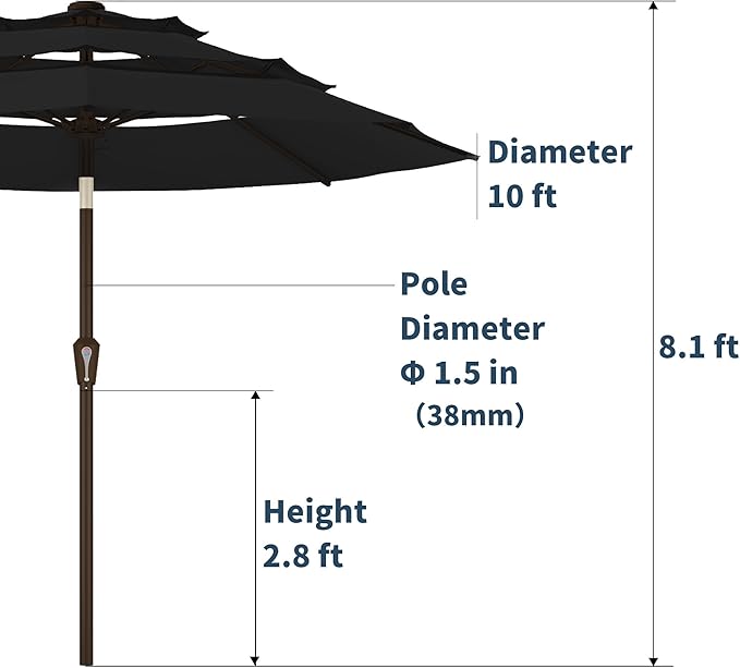 PatioKingdom 9ft 3-Tier Patio Market Umbrella with Crank/Tilt, Commercial Heavy Duty Wind Proof,Outdoor Table Umbrella with 8 Fiberglass Ribs,UPF50+ for Deck,Pool,Garden,Backyard (Black)