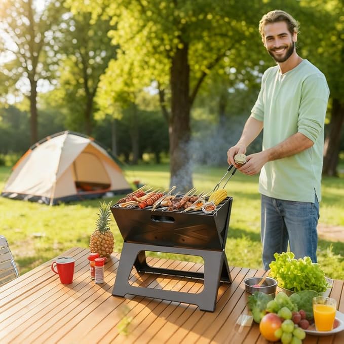 Protable Folding Barbecue Charcoal Grills,Small Tabletop Charcoal Grill with Stainless Steel Smoker BBQ for Outdoor Barbecues,Camping,Garden,Beach Party,Picnics - Black,kkk