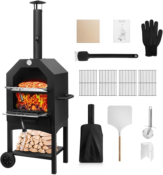 Outdoor Pizza Oven, Wood Fired for Outside, Patio Maker With Stone, Peel, Grill Rack, and Waterproof Cover for Backyard Camping