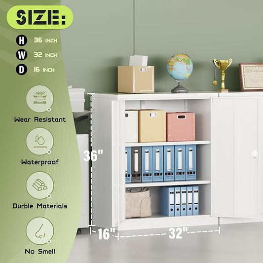 Incbruce 36โ Metal Storage Cabinet, Locking Steel Storage Cabinet with 2 Doors and 2 Adjustable Shelves, Small Lockable Tool Storages Cabinet for Garage, Home, Office (White)