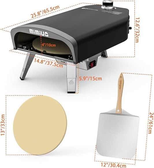 Mimiuo Outdoor Gas Pizza Oven with Automatic Rotating Stone - 39 lbs Heavy Duty Propane Pizza Stove 14 Inch for Backyard Camping, Bakes Pizza in 60 Seconds, Includes Pizza Stone, Peel & Cover