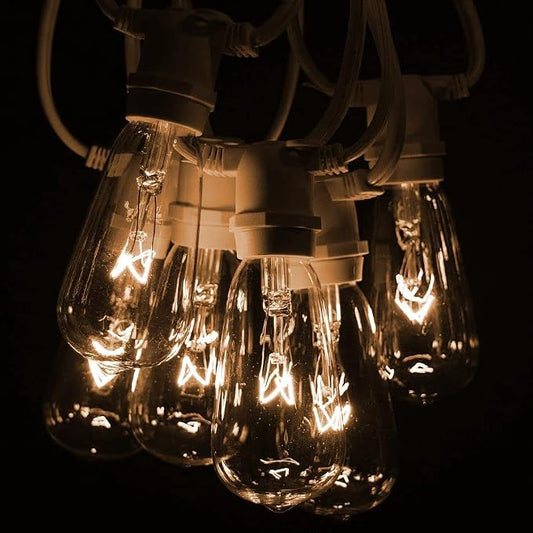 Commercial Vintage Edison String Lights (PS50 Clear - White Wire, 25 Foot) | ST40 Clear 7 Watt Bulbs, 25 Foot 20 Socket, Commercial Grade Outdoor Lights