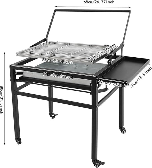 360° Rotating BBQ Charcoal Grill with Wheels, Movable Barbecue Grill Stand-up Detachable Portable Outdoor Charcoal Grill for Camping Garden Commercial Backyard, Heavy Duty Square, 23.6"x16.5" Grid